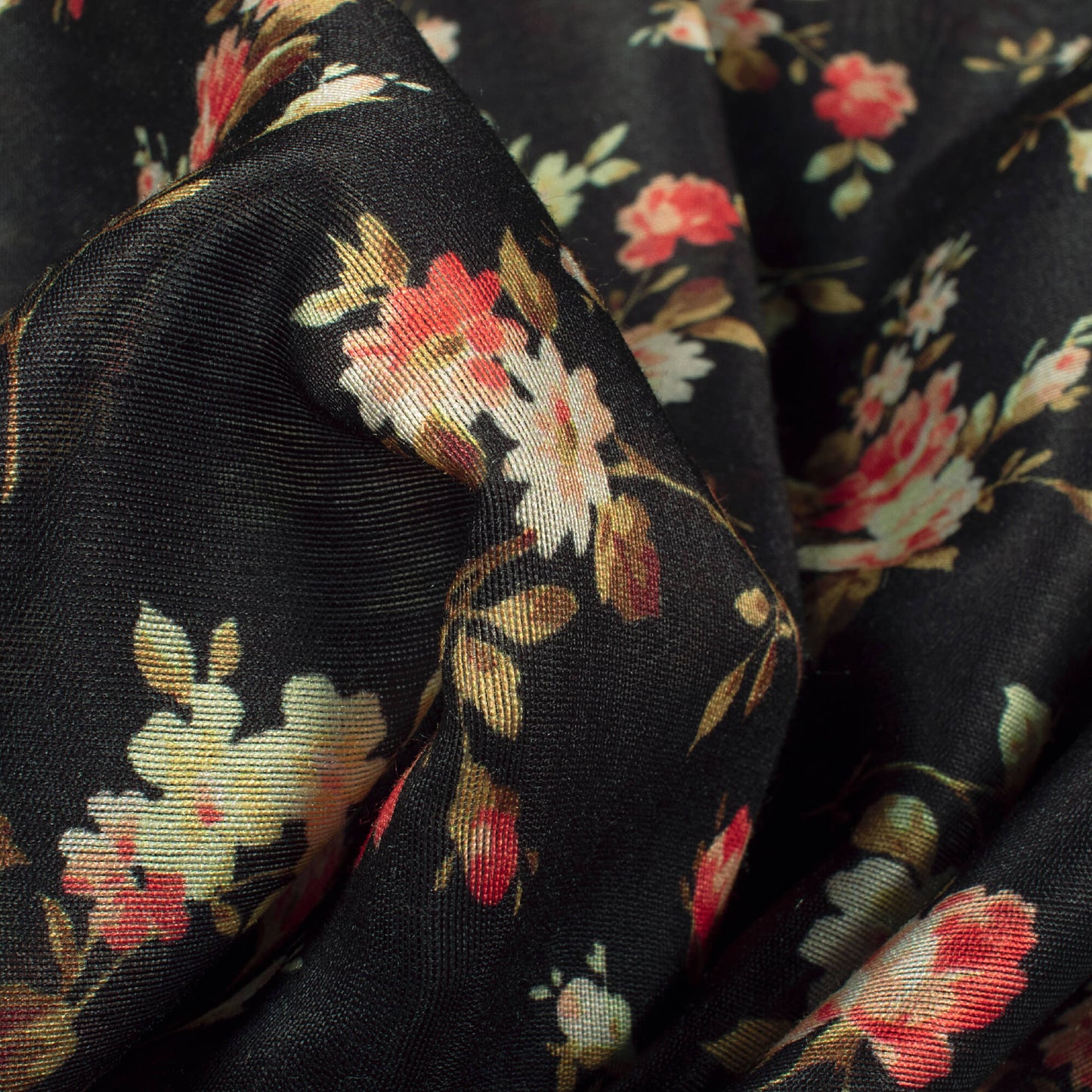 Black And Red Floral Pattern Digital Print Chanderi Fabric