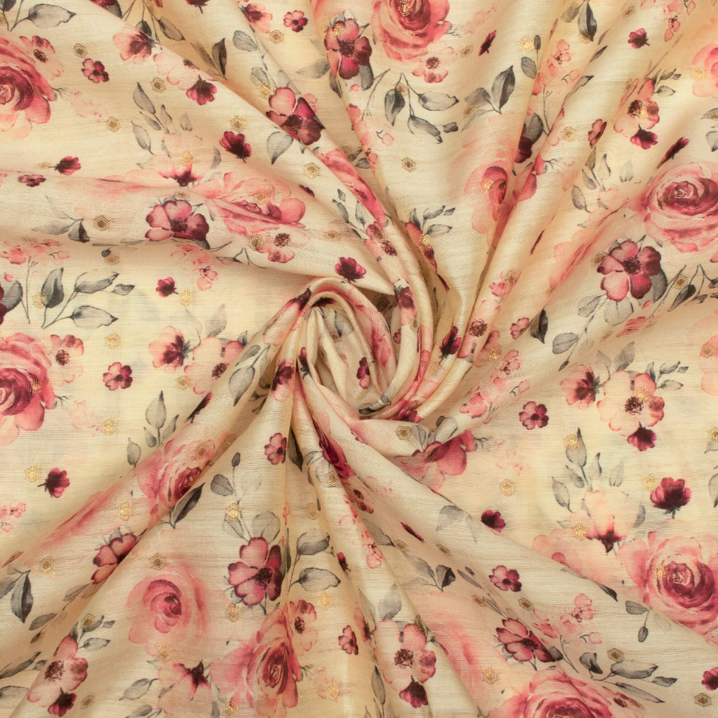 Off White And Cannon Pink Foral Pattern Digital Print Chanderi Lurex Fabric