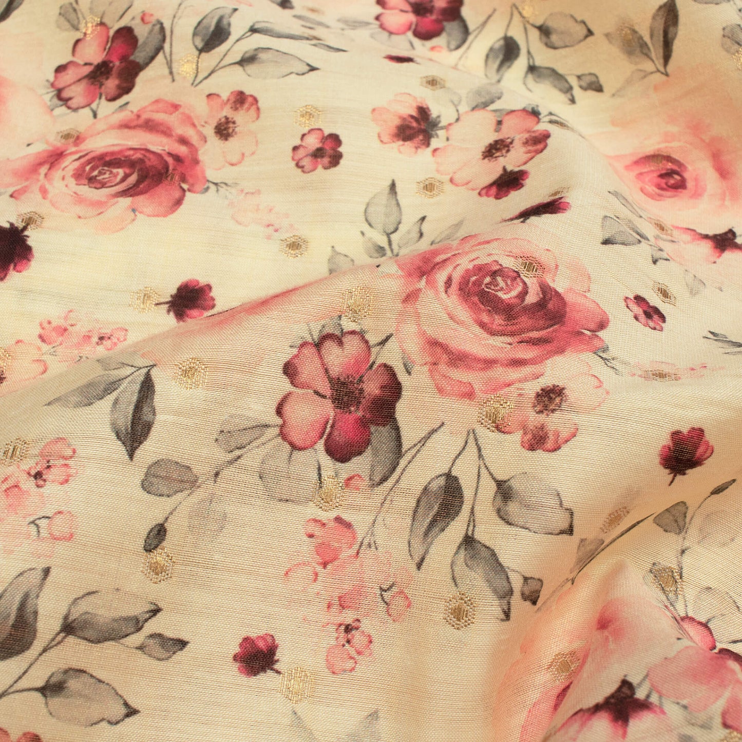 Off White And Cannon Pink Foral Pattern Digital Print Chanderi Lurex Fabric