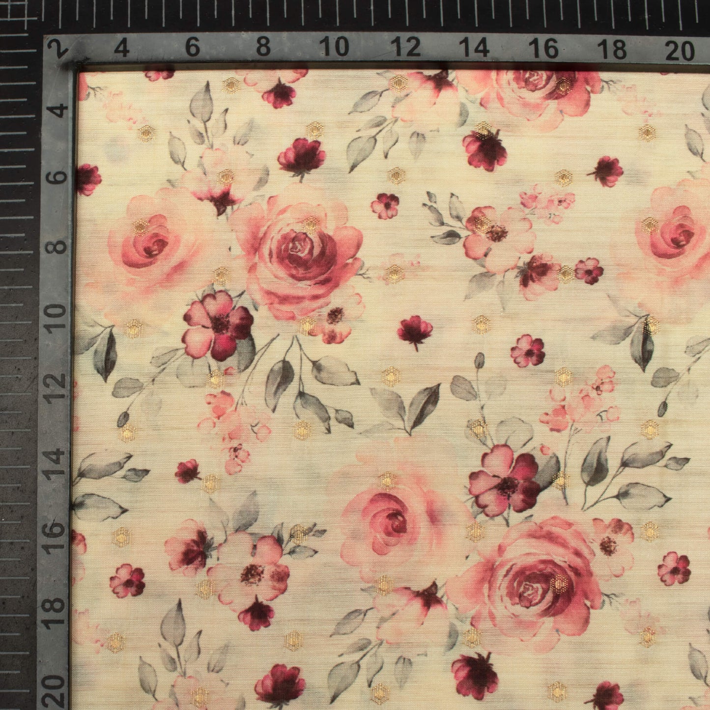 Off White And Cannon Pink Foral Pattern Digital Print Chanderi Lurex Fabric