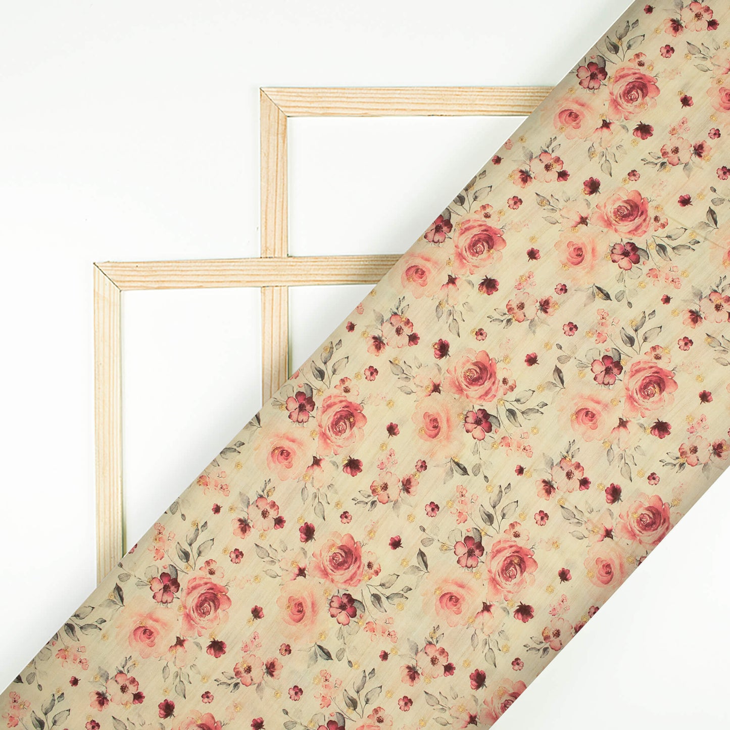 Off White And Cannon Pink Foral Pattern Digital Print Chanderi Lurex Fabric
