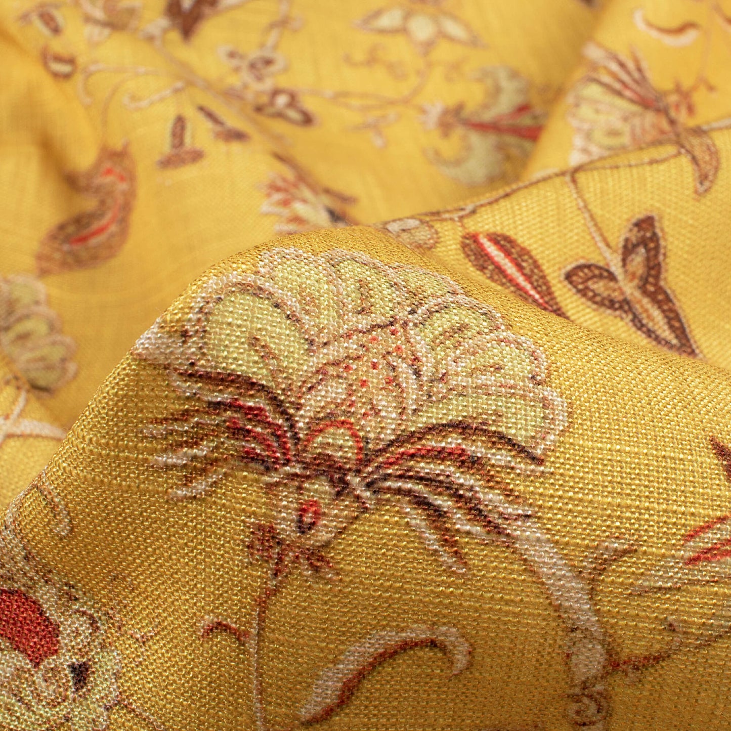 Mustard Yellow And Blue Floral Pattern Digital Print Linen Textured Fabric (Width 50 Inches)