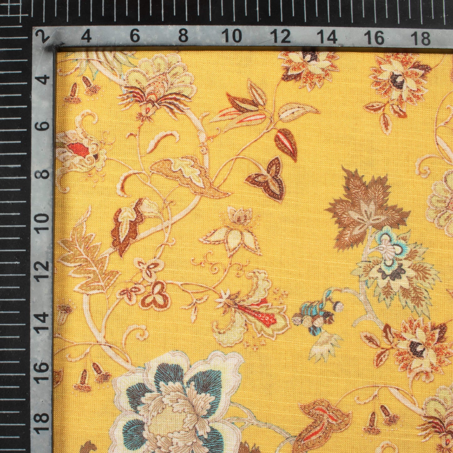 Mustard Yellow And Blue Floral Pattern Digital Print Linen Textured Fabric (Width 50 Inches)