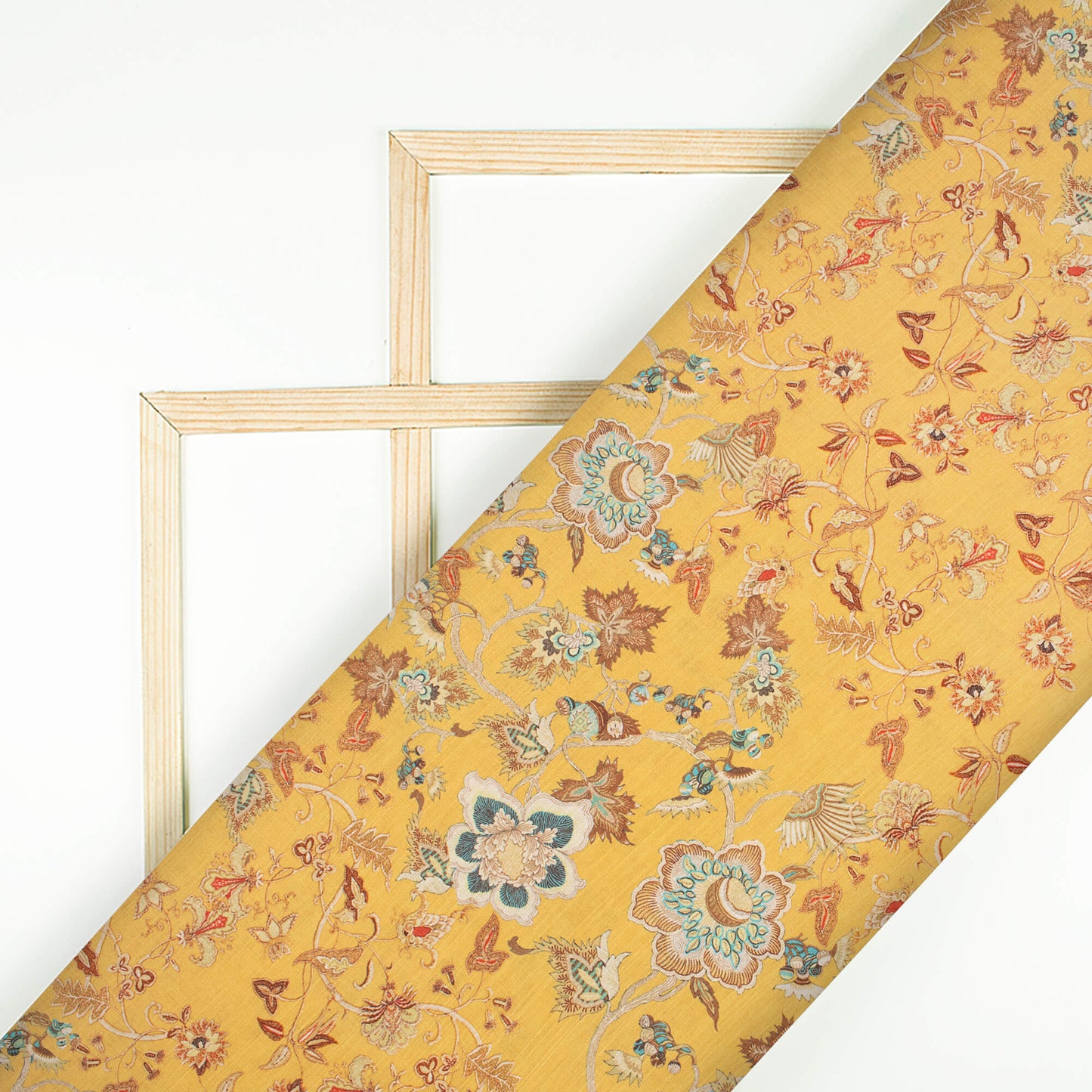Mustard Yellow And Blue Floral Pattern Digital Print Linen Textured Fabric (Width 50 Inches)