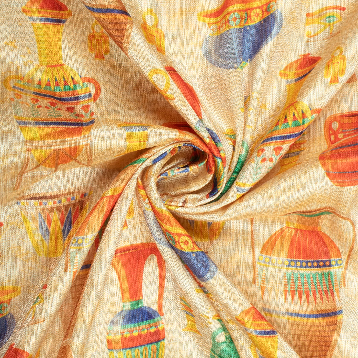 Oat Beige And Orange Quirky Pattern Digital Print Art Mulberry Silk Fabric