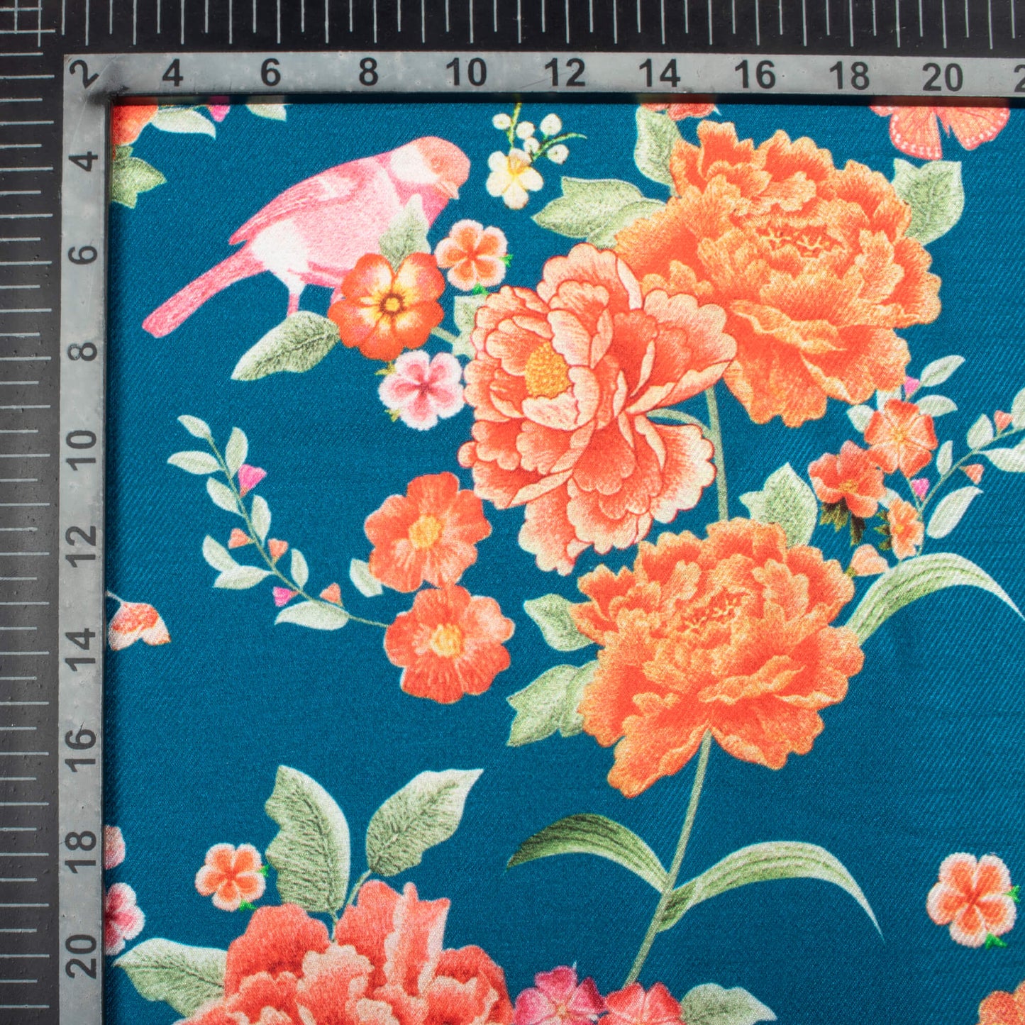 Bahama Blue And Red Floral Pattern Digital Print Twill Slub Fabric