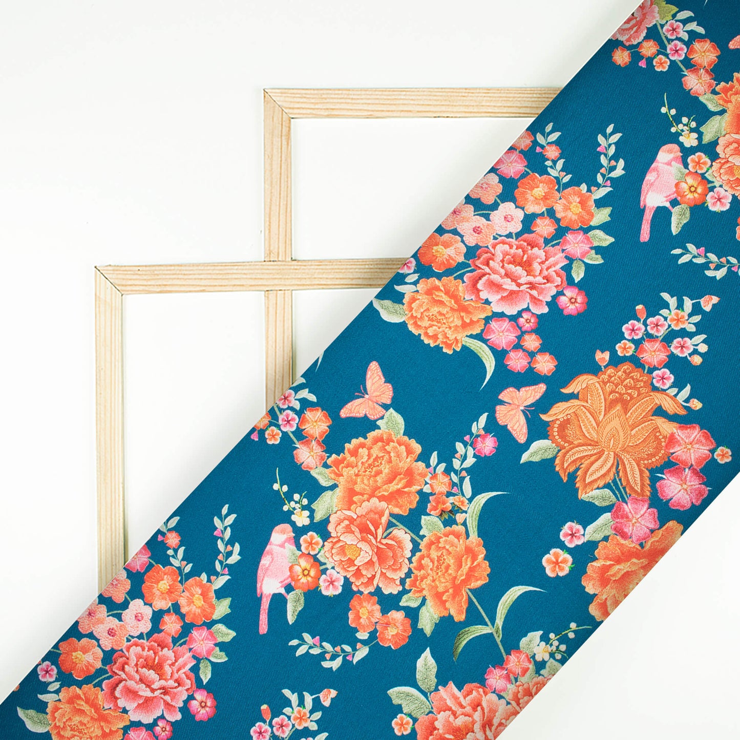 Bahama Blue And Red Floral Pattern Digital Print Twill Slub Fabric