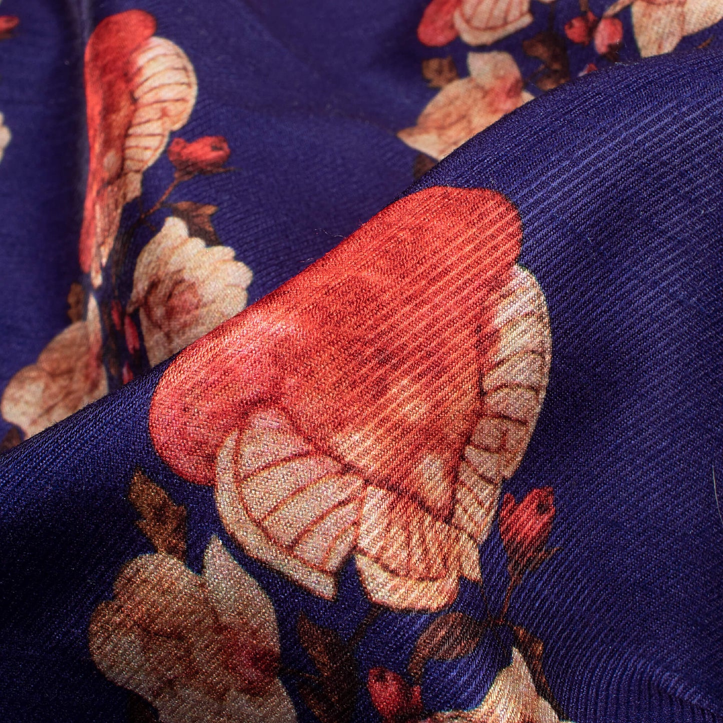 Navy Blue and Red Floral Pattern Digital Print Twill Slub Fabric