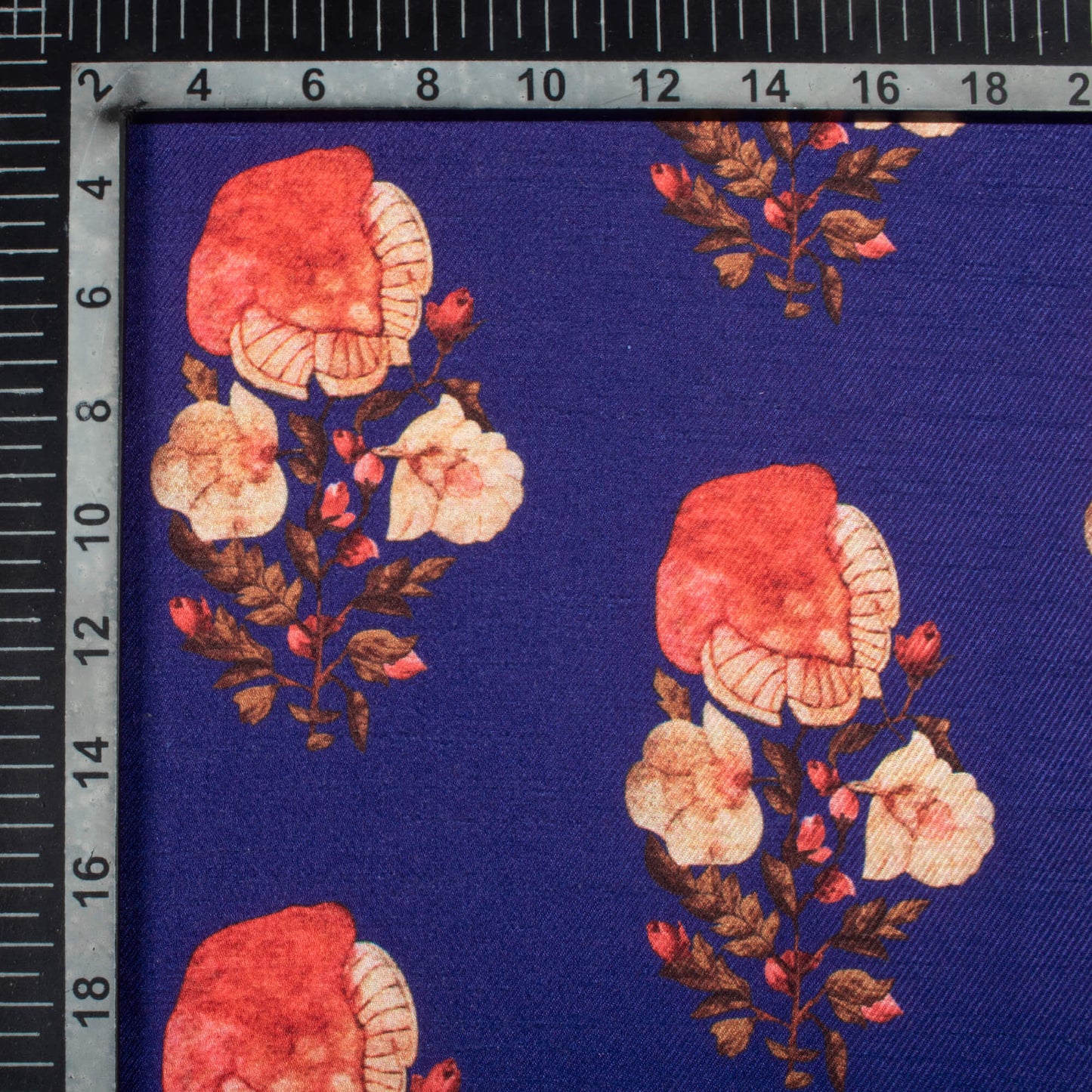 Navy Blue and Red Floral Pattern Digital Print Twill Slub Fabric