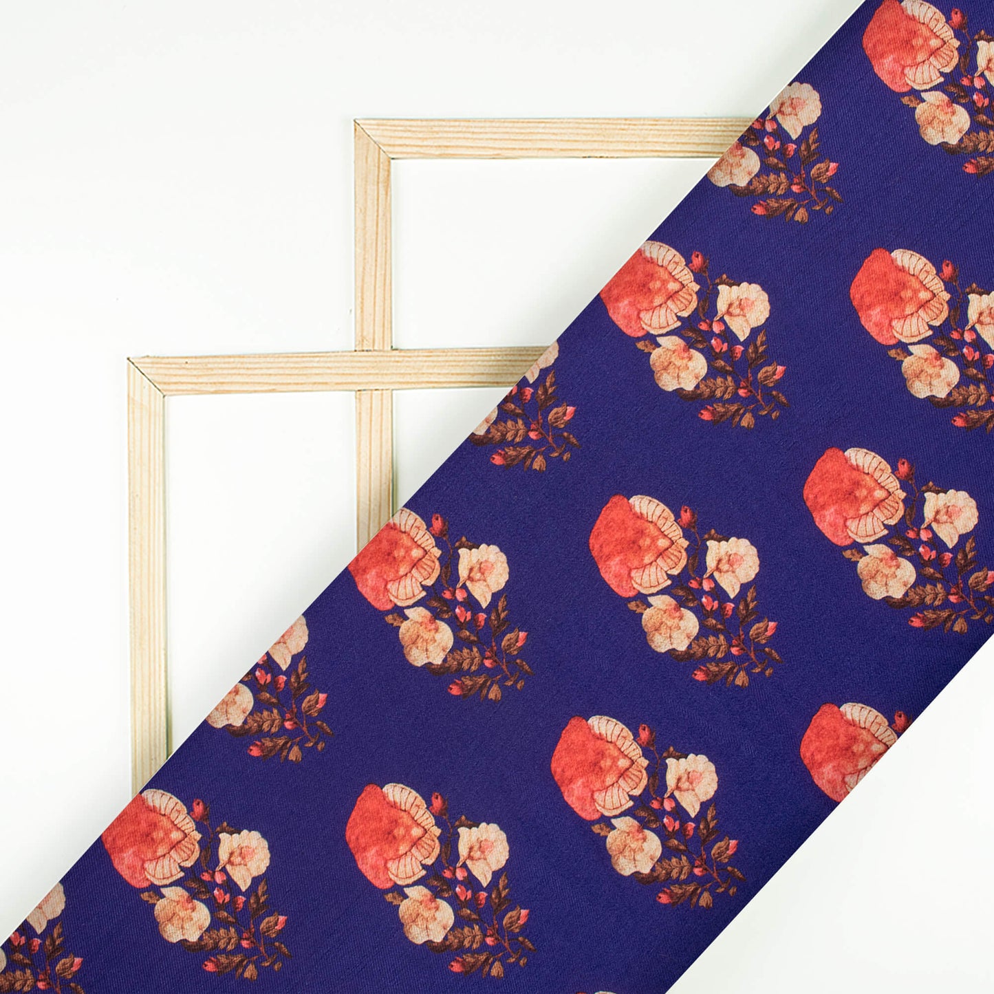 Navy Blue and Red Floral Pattern Digital Print Twill Slub Fabric