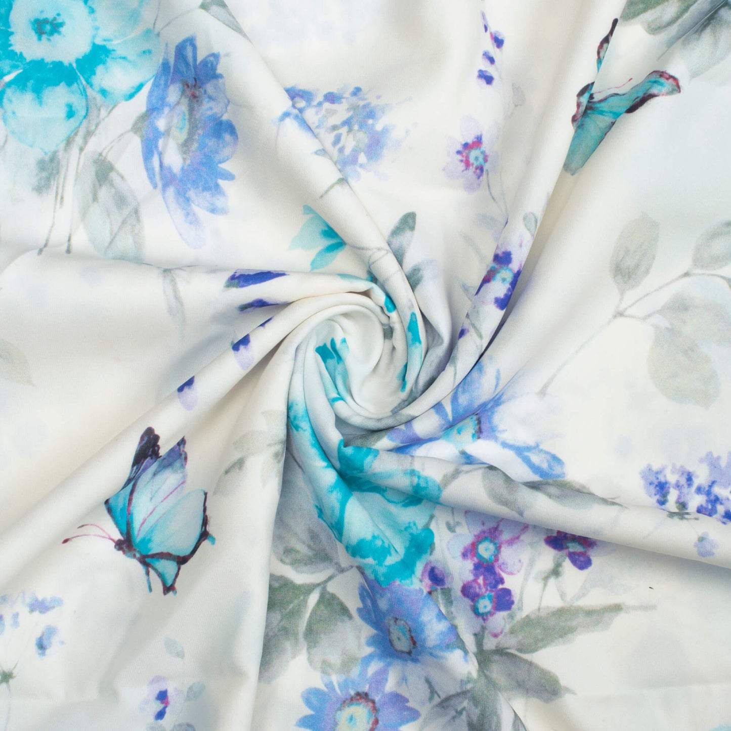 White And Turquoise Floral Pattern Digital Print Crepe Fabric (Width 52 Inches)