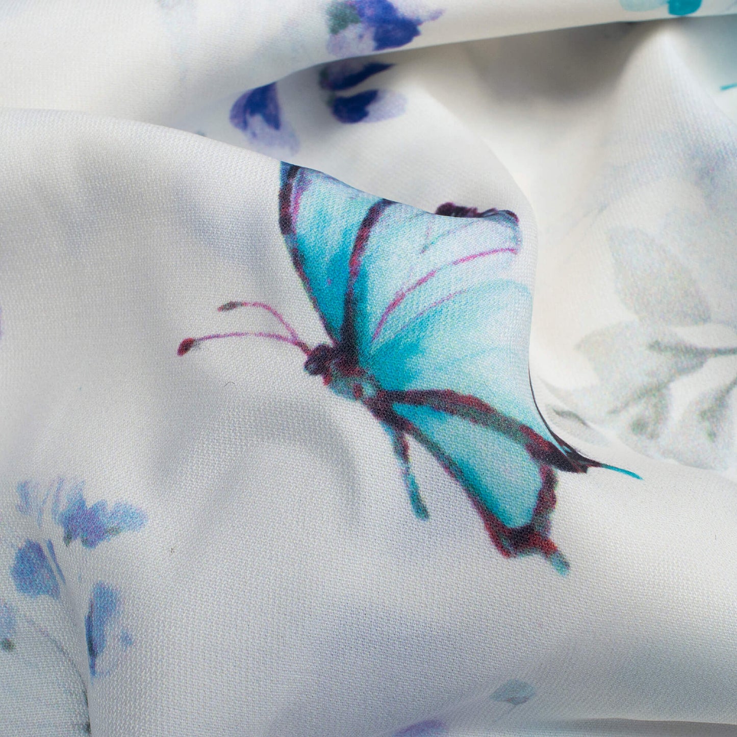White And Turquoise Floral Pattern Digital Print Crepe Fabric (Width 52 Inches)