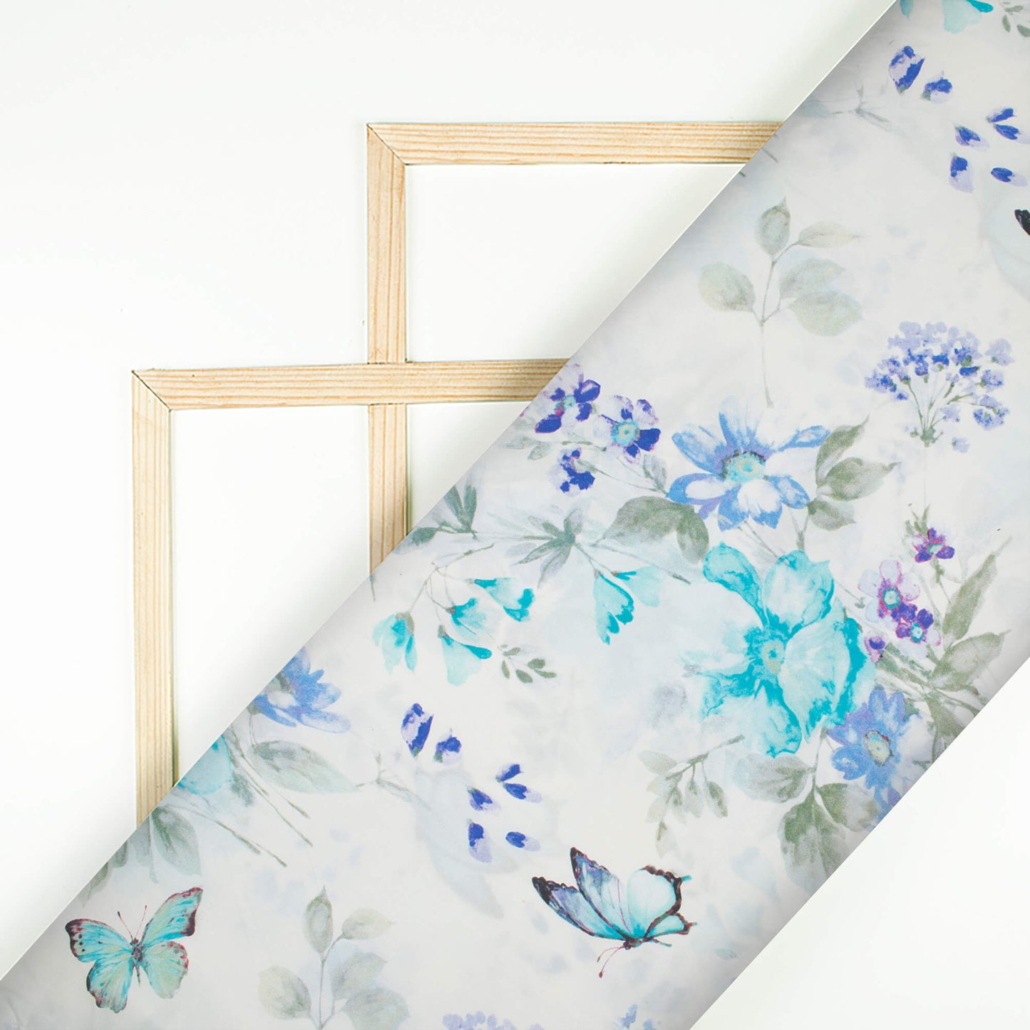 White And Turquoise Floral Pattern Digital Print Crepe Fabric (Width 52 Inches)