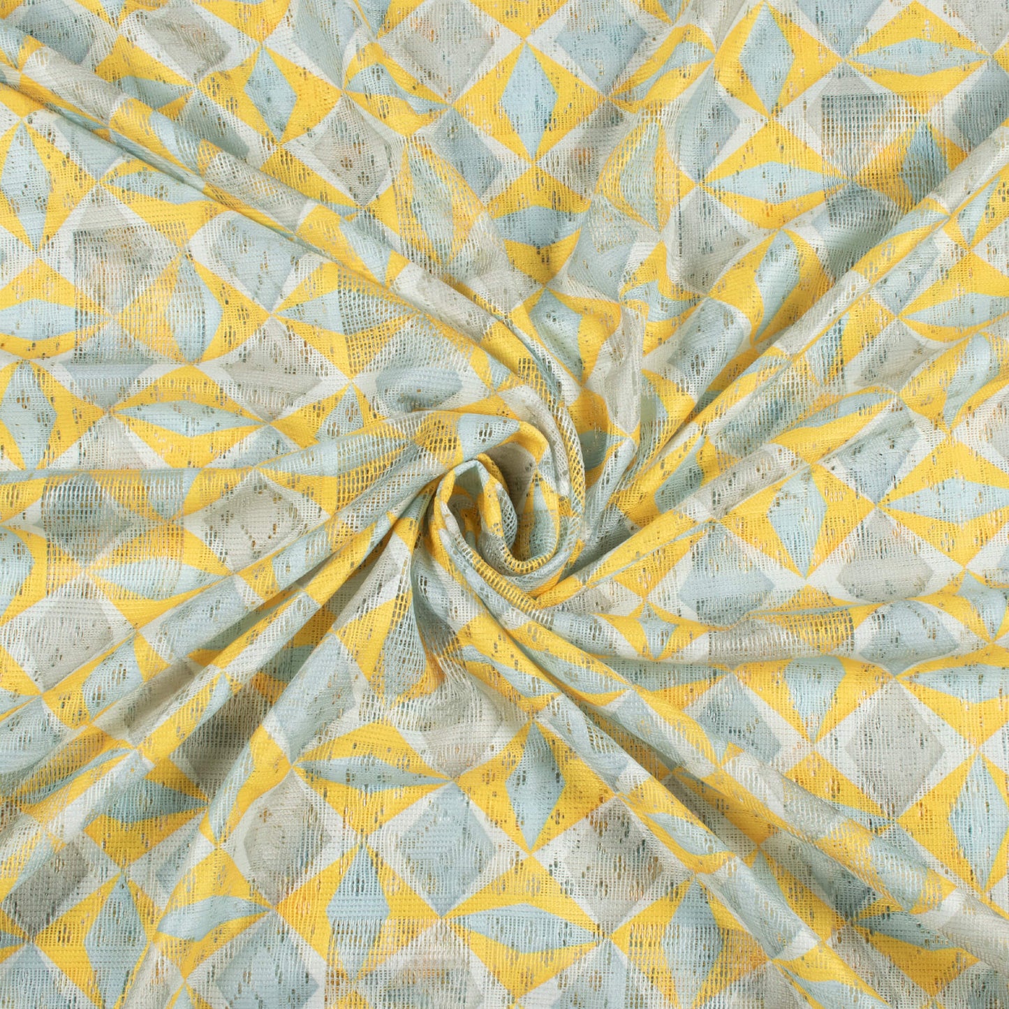 Yellow And Blue Geometric Pattern Digital Print Net Fabric (Width 56 Inches)