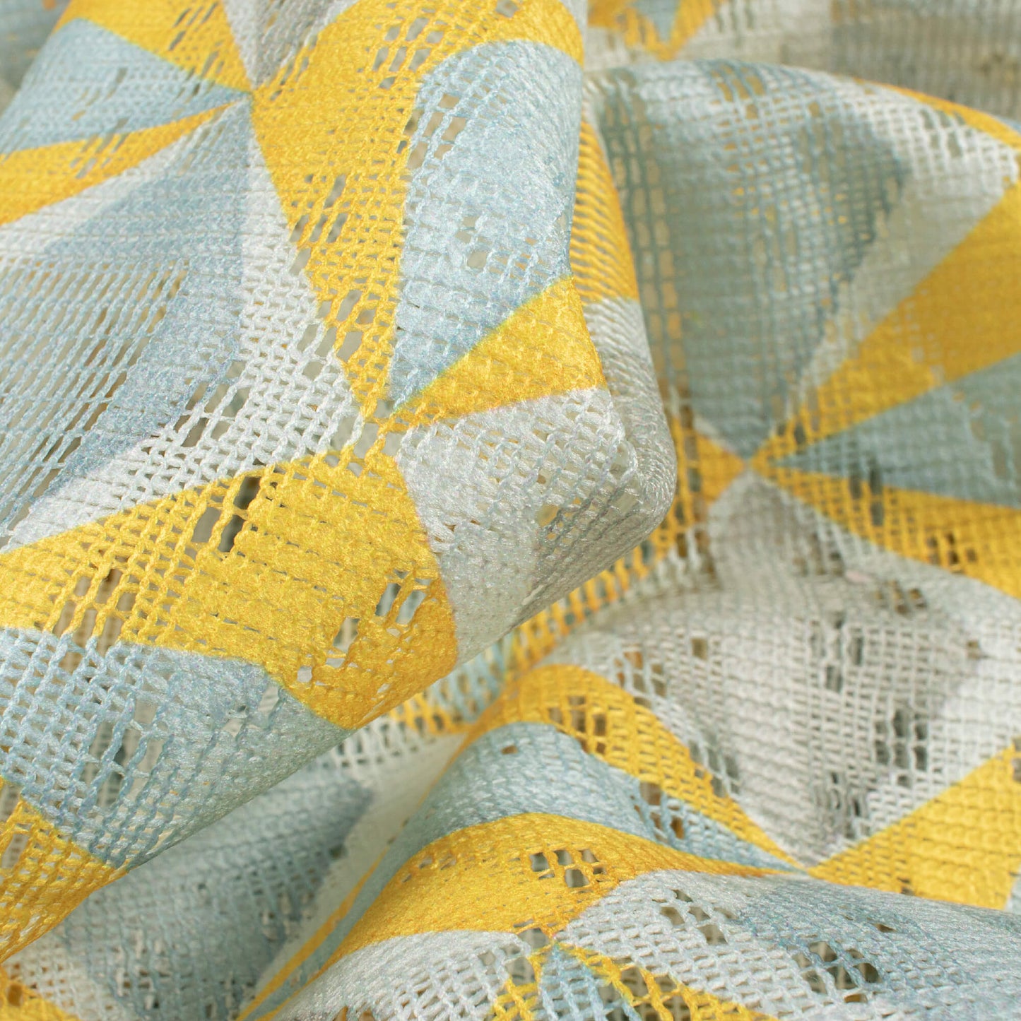 Yellow And Blue Geometric Pattern Digital Print Net Fabric (Width 56 Inches)