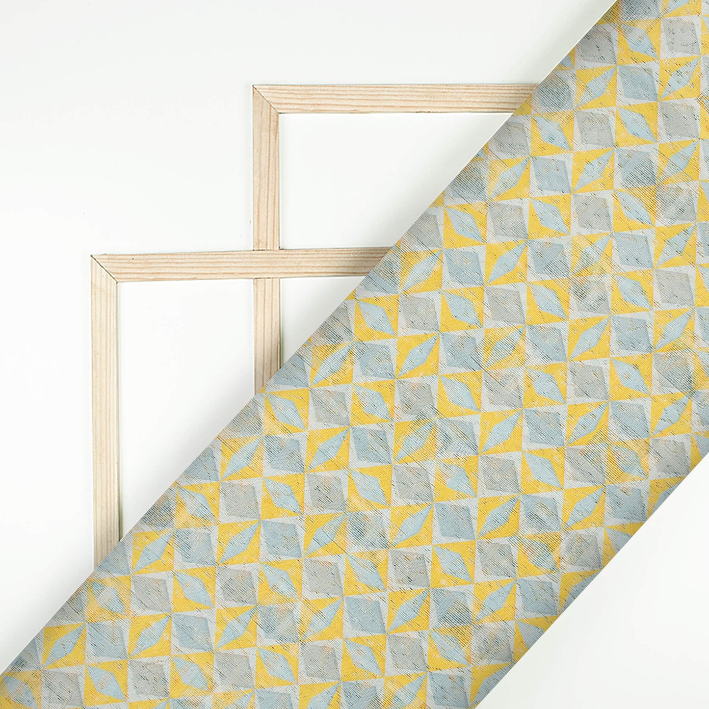 Yellow And Blue Geometric Pattern Digital Print Net Fabric (Width 56 Inches)