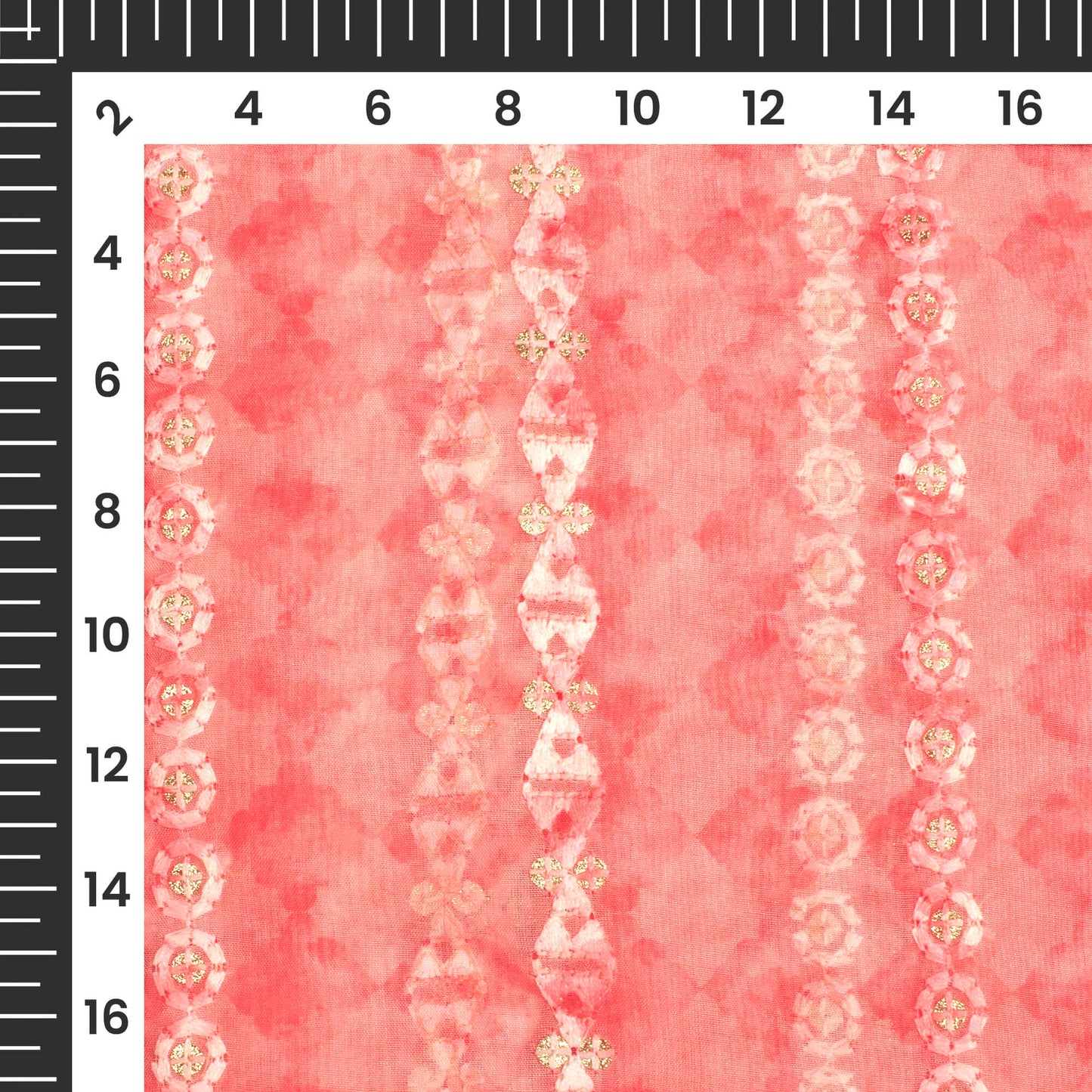 Coral Pink Abstract Pattern Zari Sequins Embroidery Digital Print Organza Fabric