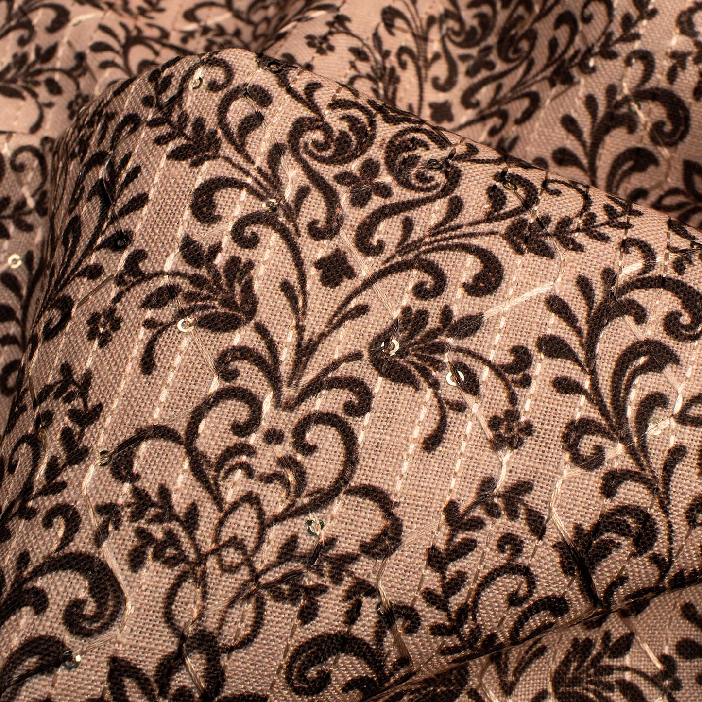 Dusty Peach And Black Floral Pattern Sequins Embroidery Digital Print Linen Textured Fabric (Width 52 Inches)