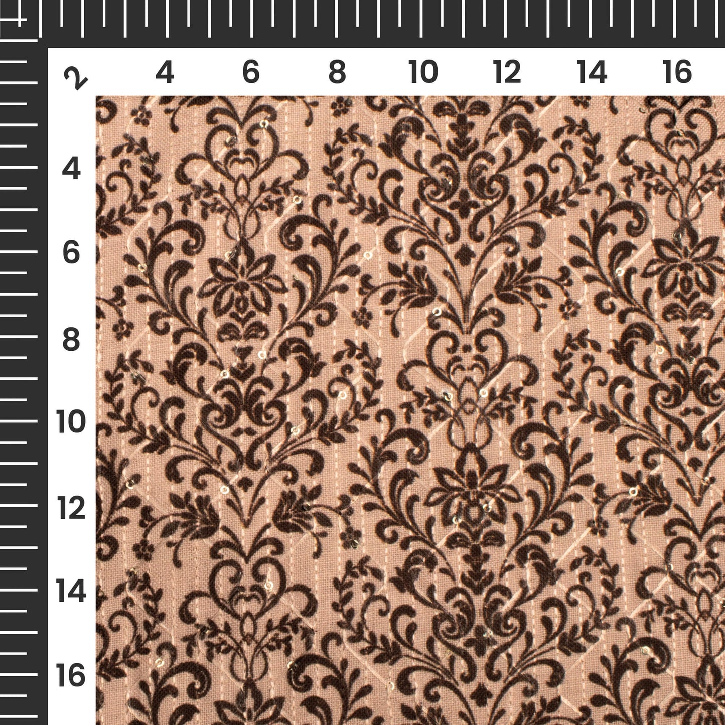 Dusty Peach And Black Floral Pattern Sequins Embroidery Digital Print Linen Textured Fabric (Width 52 Inches)
