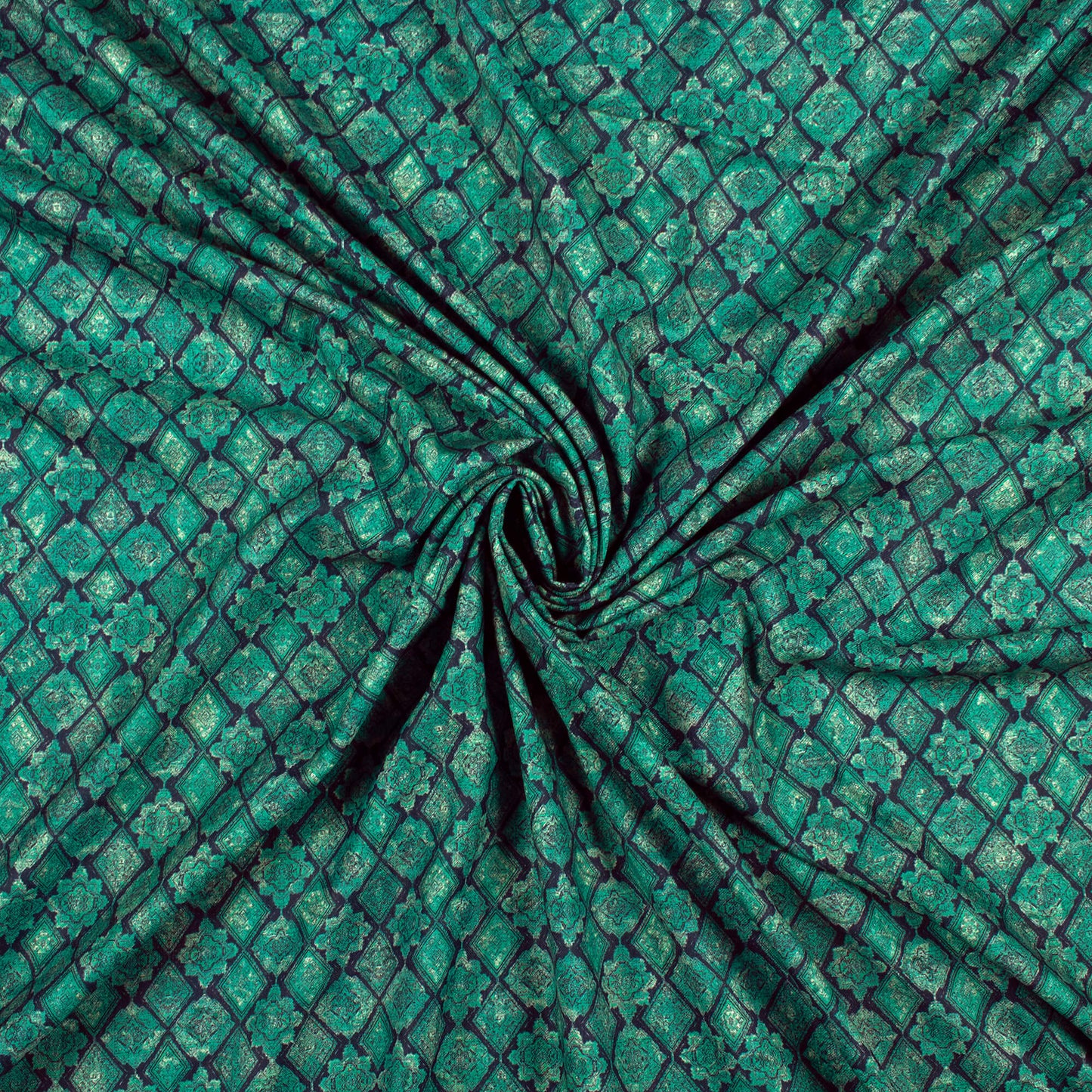 Aqua Green And Navy Blue Abstract Pattern Digital Print Poly Linen Slub Fabric