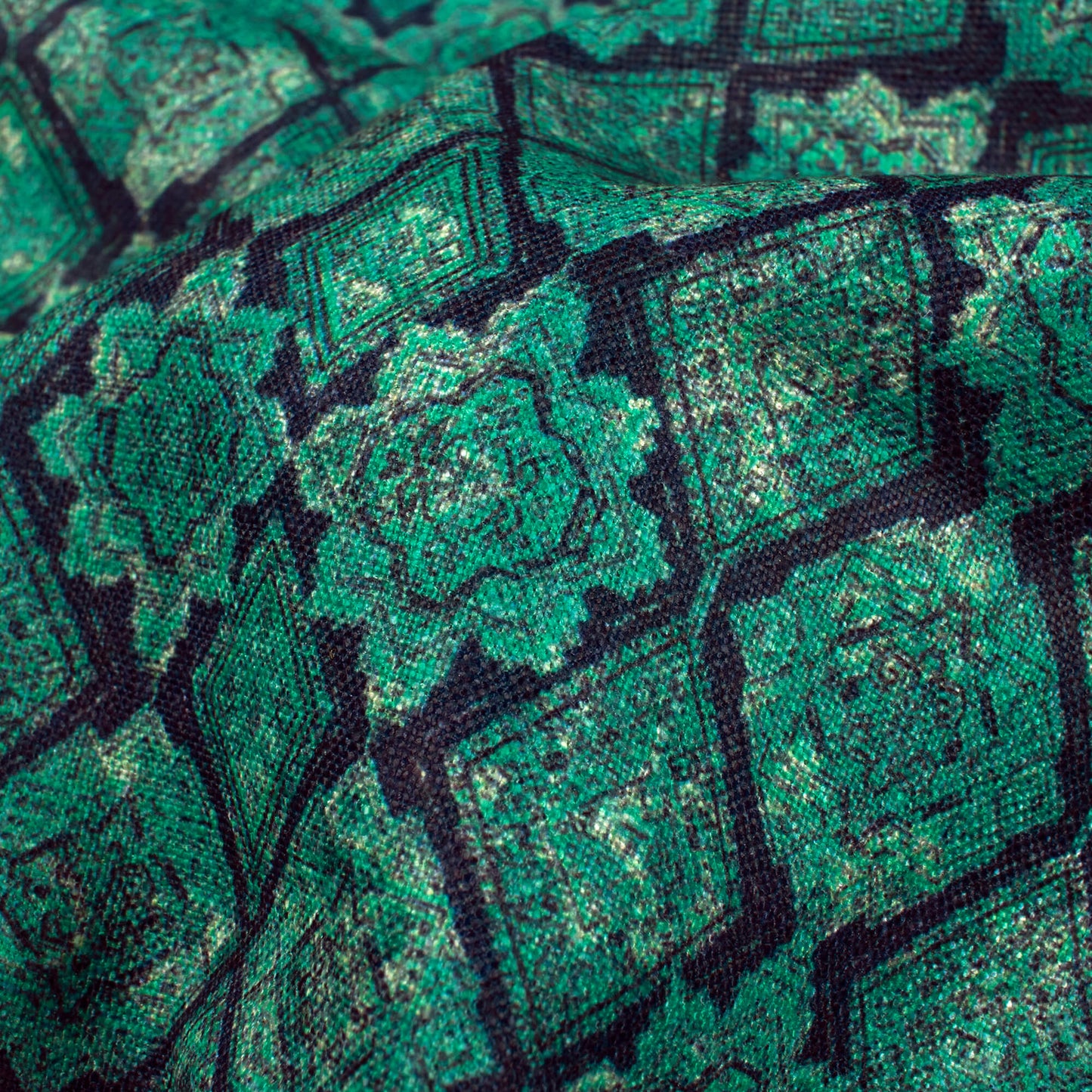 Aqua Green And Navy Blue Abstract Pattern Digital Print Poly Linen Slub Fabric