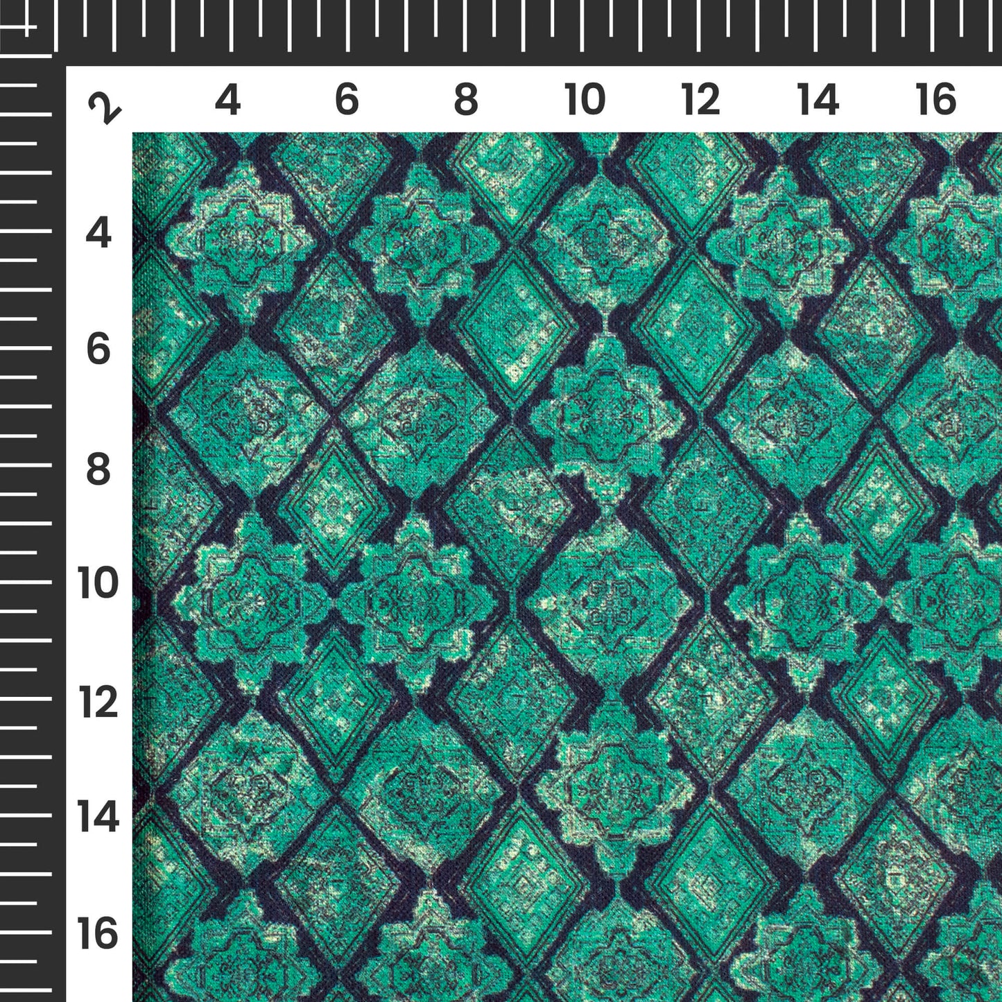 Aqua Green And Navy Blue Abstract Pattern Digital Print Poly Linen Slub Fabric