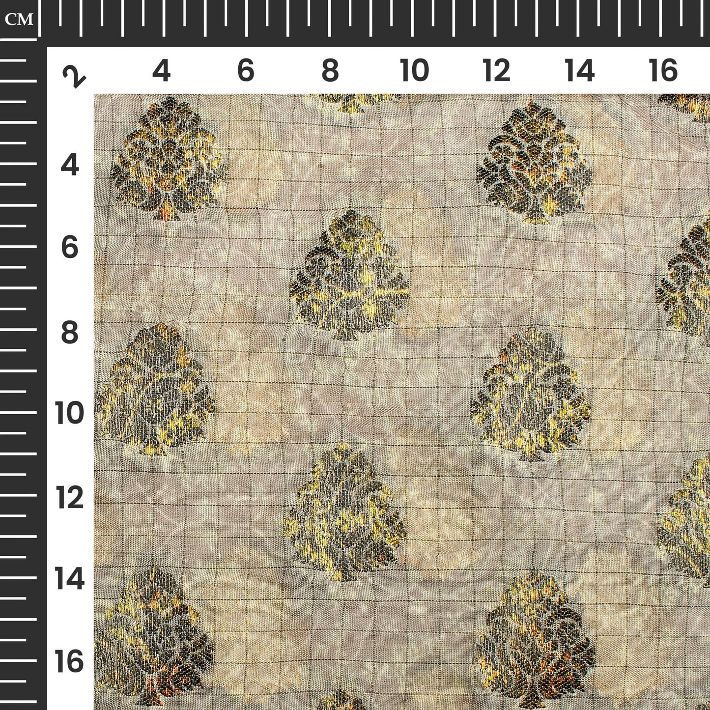 Fossil Grey And Off White Ethnic Pattern Digital Print Organza Fabric