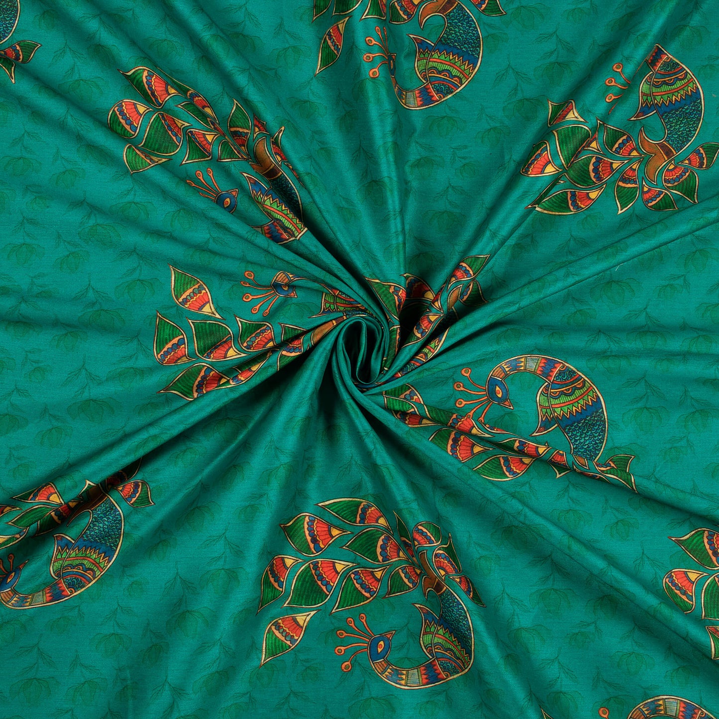 Peacock Green And Red Madhuvanii Pattern Digital Print Suhana Chanderi Fabric