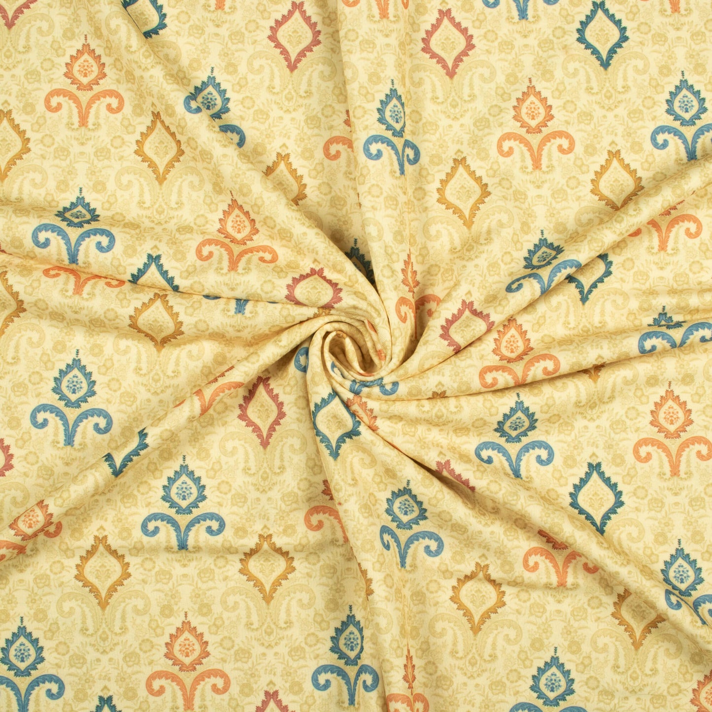 Flaxen Yellow And Blue Ethnic Pattern Digital Print Lycra Fabric