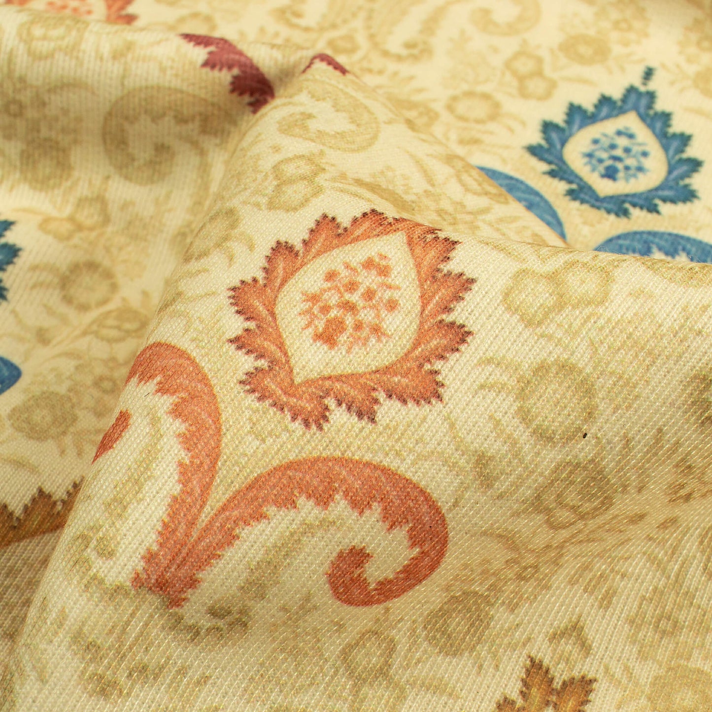 Flaxen Yellow And Blue Ethnic Pattern Digital Print Lycra Fabric