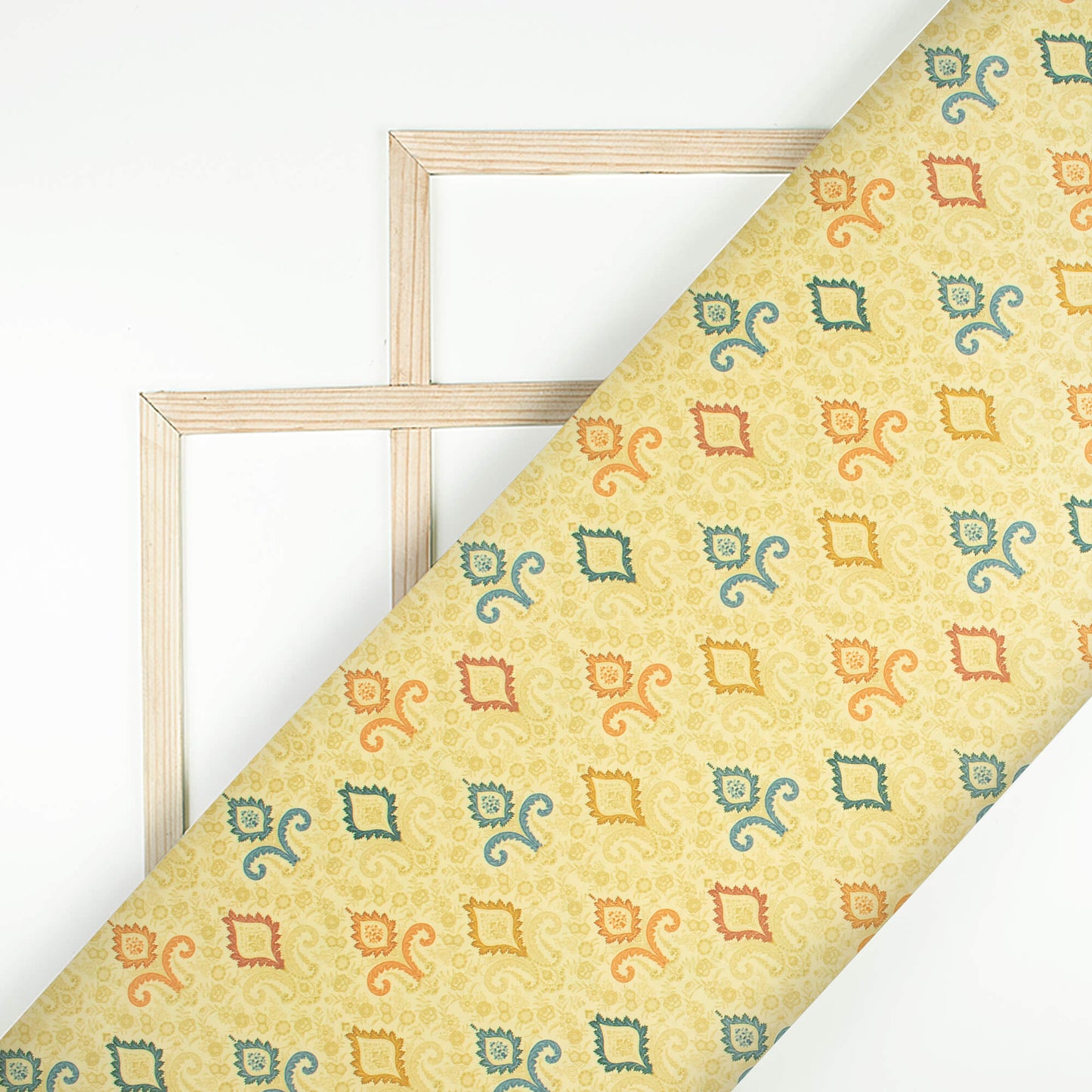 Flaxen Yellow And Blue Ethnic Pattern Digital Print Lycra Fabric