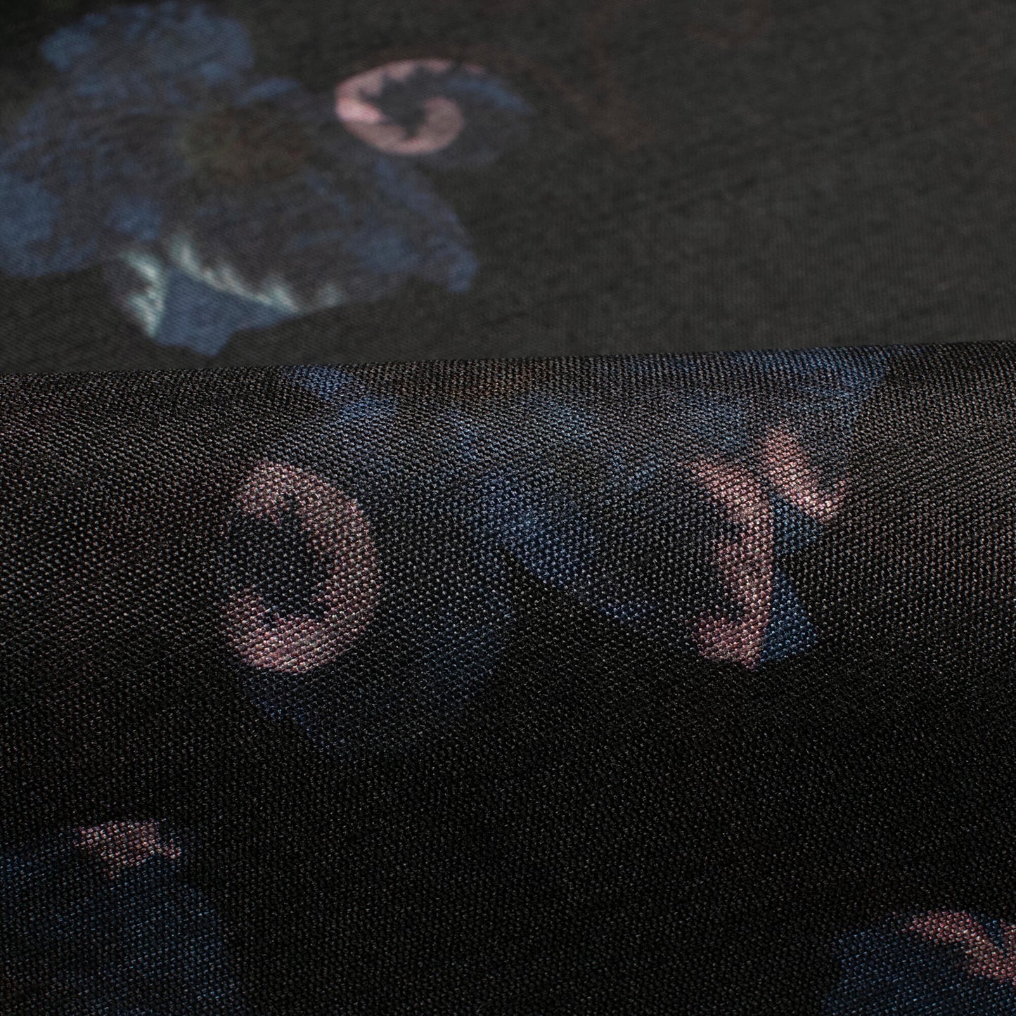 Black And Space Blue Floral Pattern Digital Print Art Silk Fabric