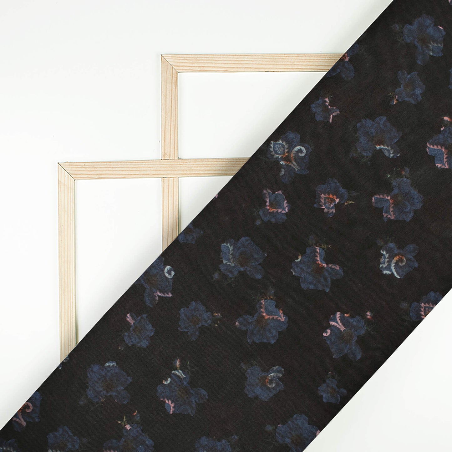 Black And Space Blue Floral Pattern Digital Print Art Silk Fabric