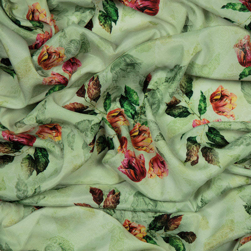 Crepe Silk Fabric With Light Green Floral Digital Print