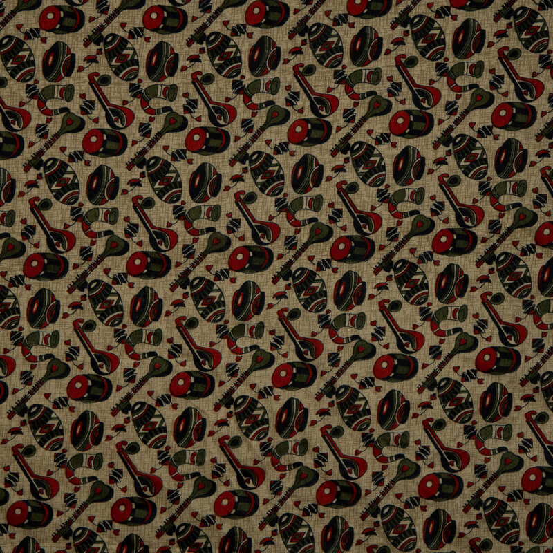 Red And Olive Object Pattern Art Silk Lustrous Fabric