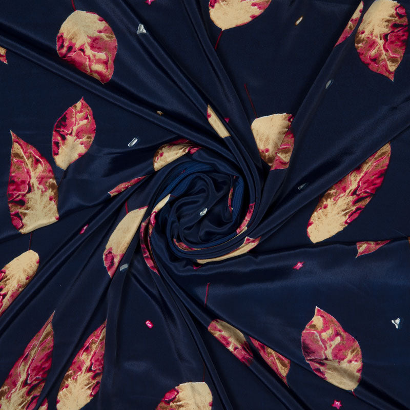Navy Blue leaf Pattern Silk Fabric