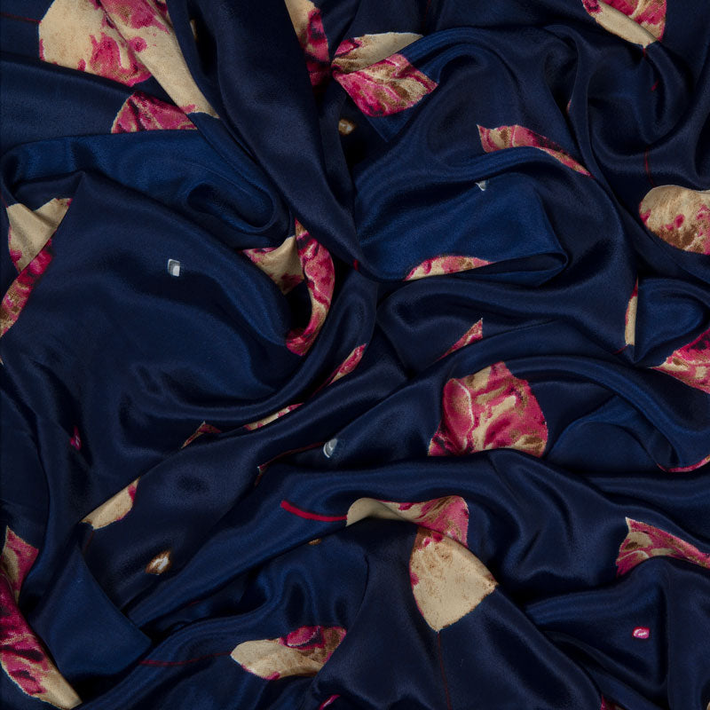 Navy Blue leaf Pattern Silk Fabric