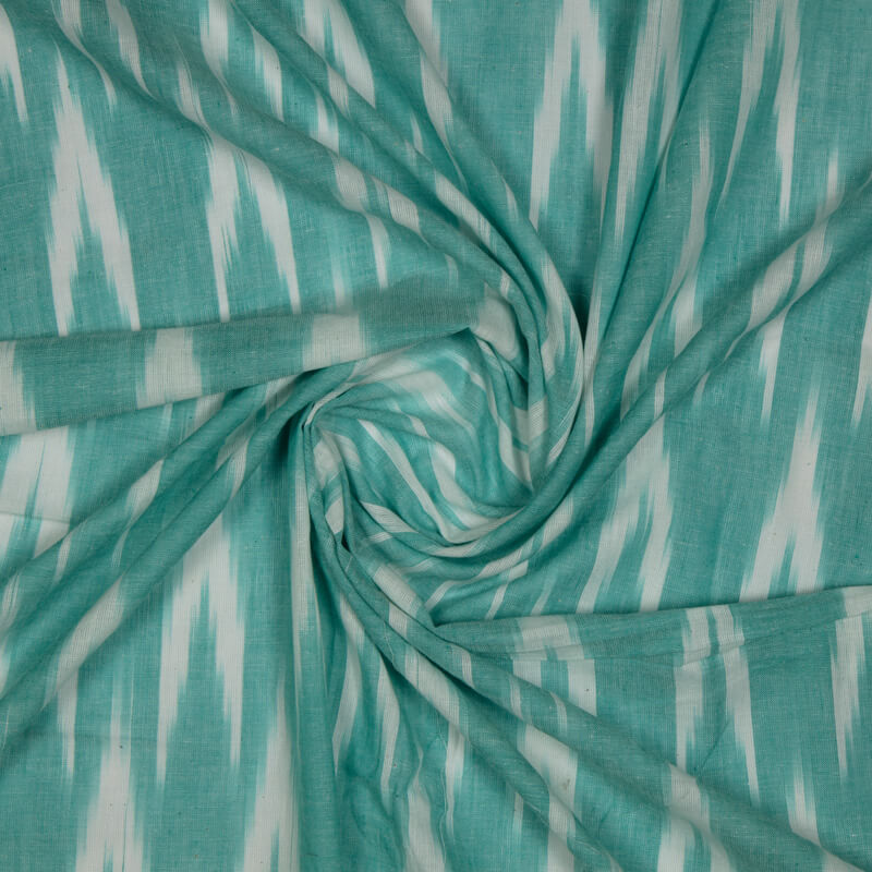 (Pre-Cut 1 Meter) Turquoise And White Weaved Bhagalpuri Ikat Cotton Fabric