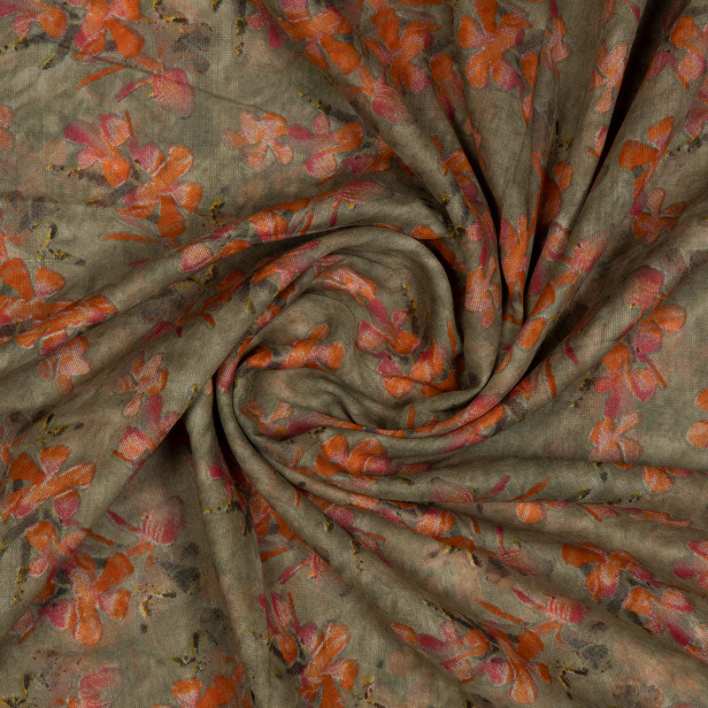 Orange And Mehendi Green Floral Pattern Mulmul Fabric