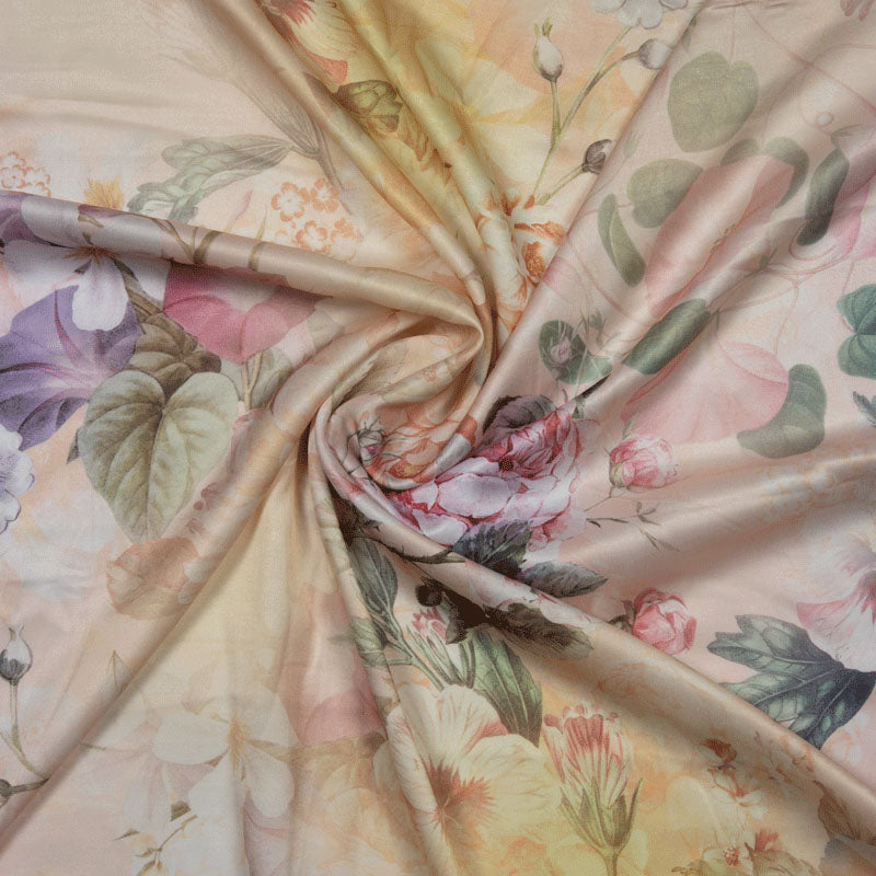 Pastel Peach Digital Print Floral Satin Fabric