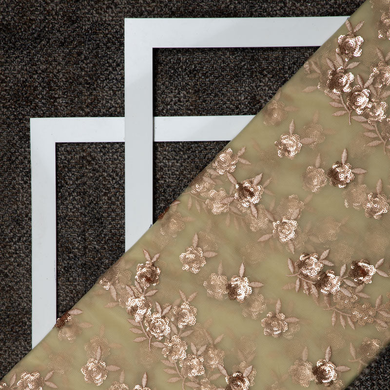 Beige And Pink Floral Pattern Premium Sequins Net Fabric