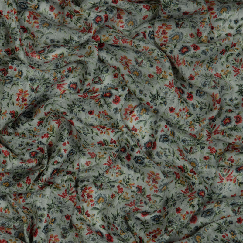 Green & Brown Floral Pattern Screen Print Muslin Fabric