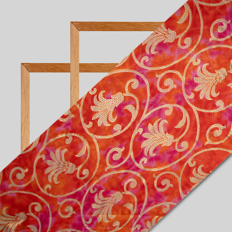 Orange And Dark Pink Ethnic Work Kota Doria Foil Fabric