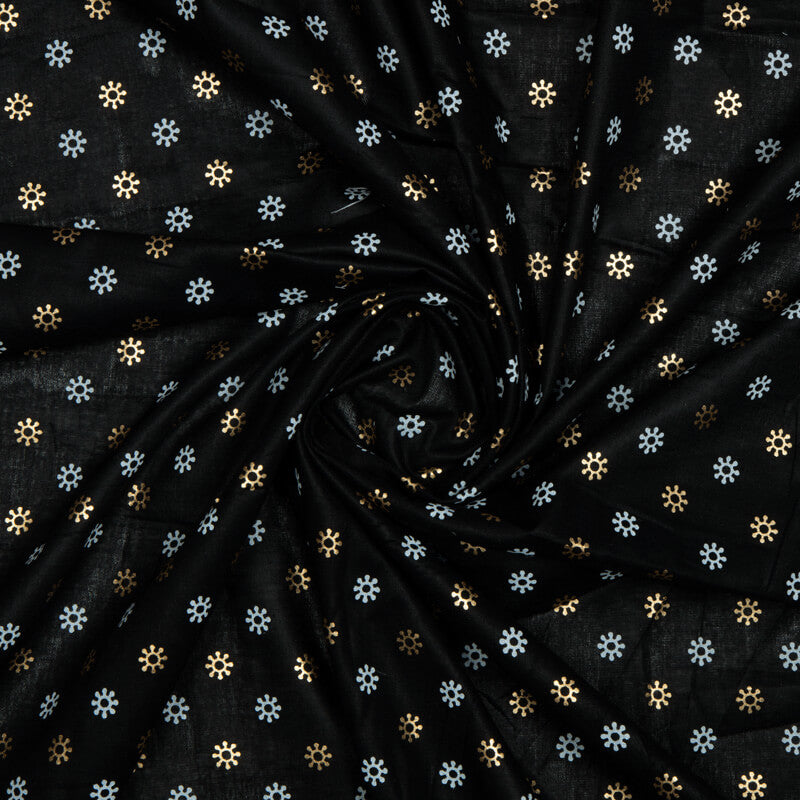 Black Ethnic Dot Khari And Foil Cotton Fabric
