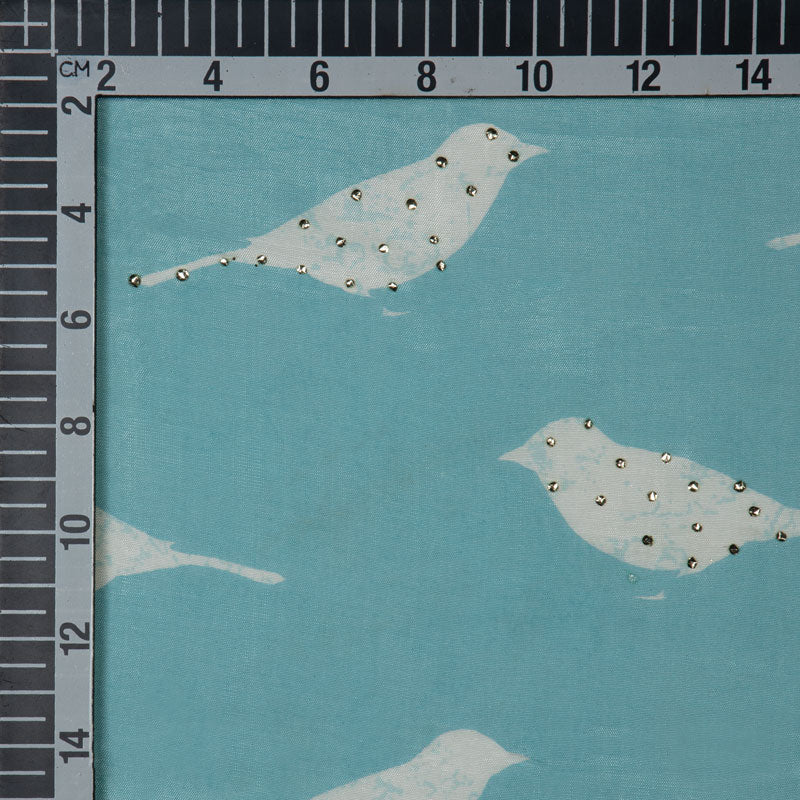 Sky Blue Base With White Bird Pattern Handblock Print Premium Muslin Fabric