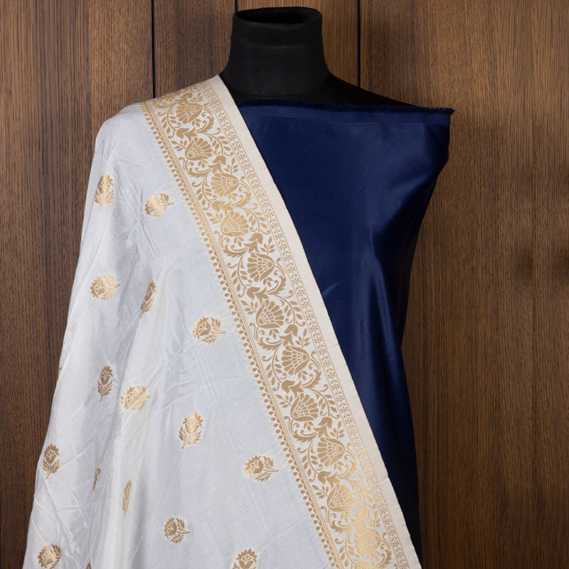 White Ethnic Pattern Jacquard Silk Dupatta
