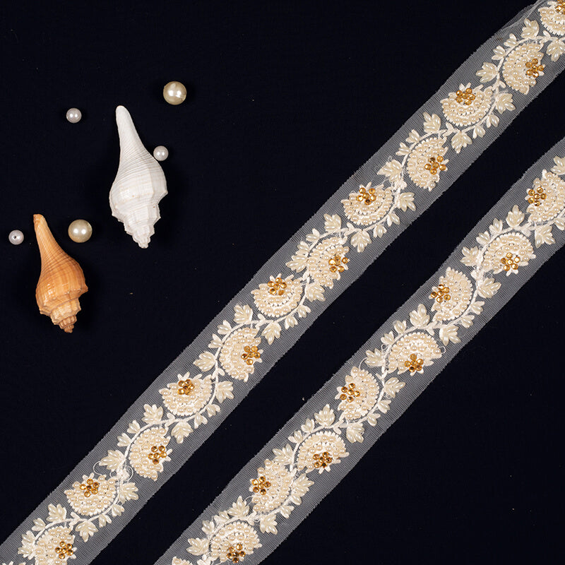 Off White Pearl Thread Embroidery Lace (9 Mtr) - Fabcurate