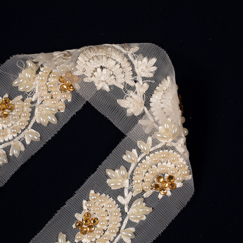 Off White Pearl Thread Embroidery Lace (9 Mtr) - Fabcurate