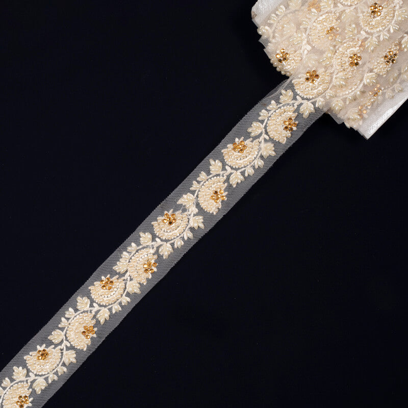 Off White Pearl Thread Embroidery Lace (9 Mtr) - Fabcurate