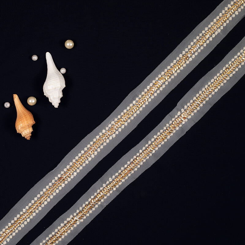 Off White Pearl Thread Embroidery Lace (9 Mtr) - Fabcurate